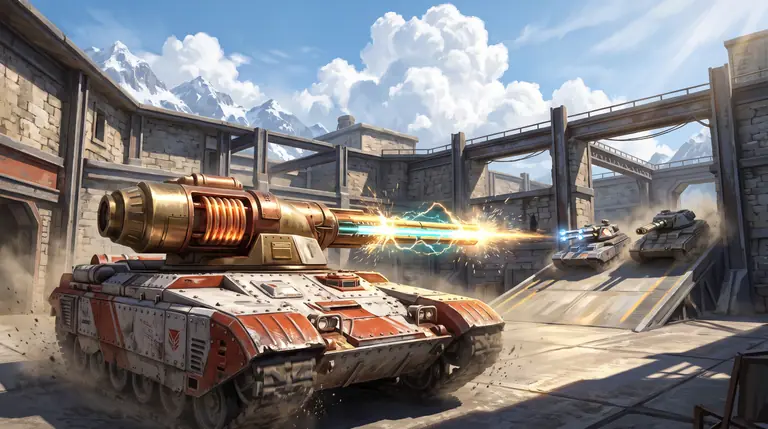 Ein individuell ausgerüsteter 3D-Kampfpanzer feuert einen elektromagnetischen Strahl aus seinem Geschützturm in einer mehrstufigen Arena.